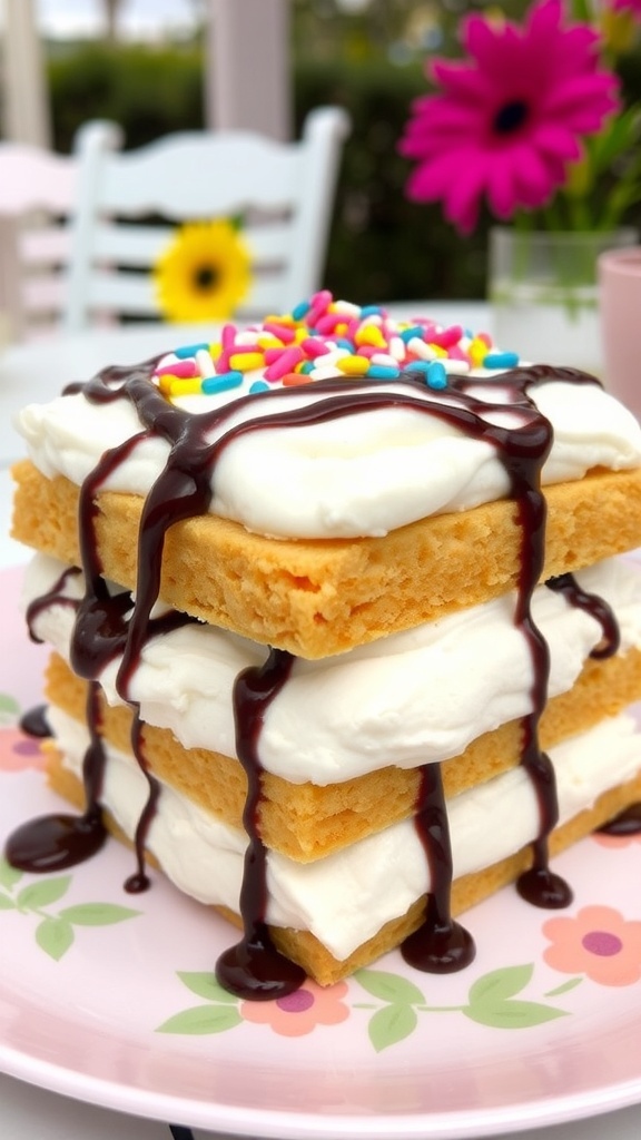 An ice cream sandwich cake with layers of whipped topping and chocolate syrup, garnished with sprinkles, on a decorative plate.